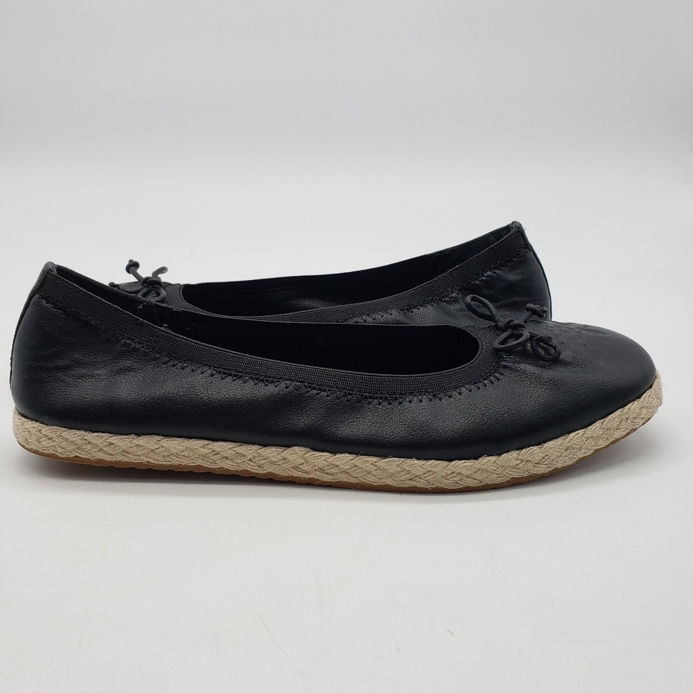 Frye and Co. espadrille flats Women US 7 Black faux leather cream raffia trim - Picture 2 of 11